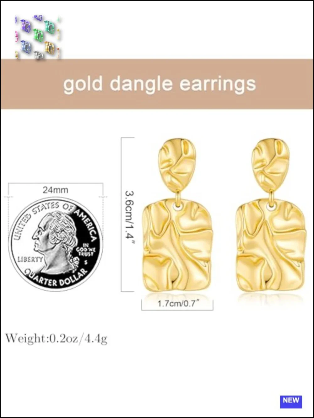 14K Gold Plated Hammered Drop Dangle Earrings for Women, Lightweight Geometric